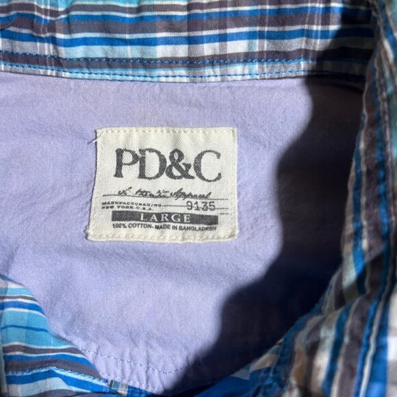 PD&C Men Large Blue Plaid Button-Up Collared Pocket Long Sleeve Causal‎ Shirt - Picture 7 of 7